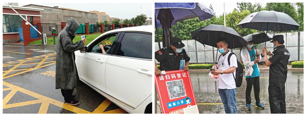 为确保雨天业达工业园厂区安全工作一切正常，全体保安员不惧风雨，冒雨执勤，做好疫情防控措施和入园检查流程 (3)_副本
